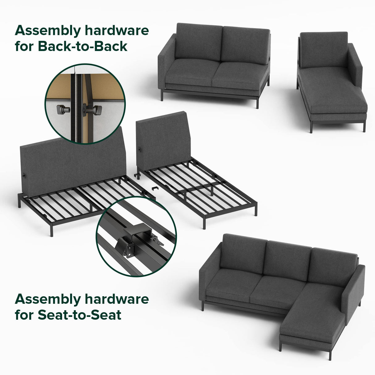 ZINUS Logan Reversible Sectional Chaise, L-Shaped Sofa, Green Tea Infused Foam Cushions, Tool-Free, Easy Assembly, Dark Grey ZINUS