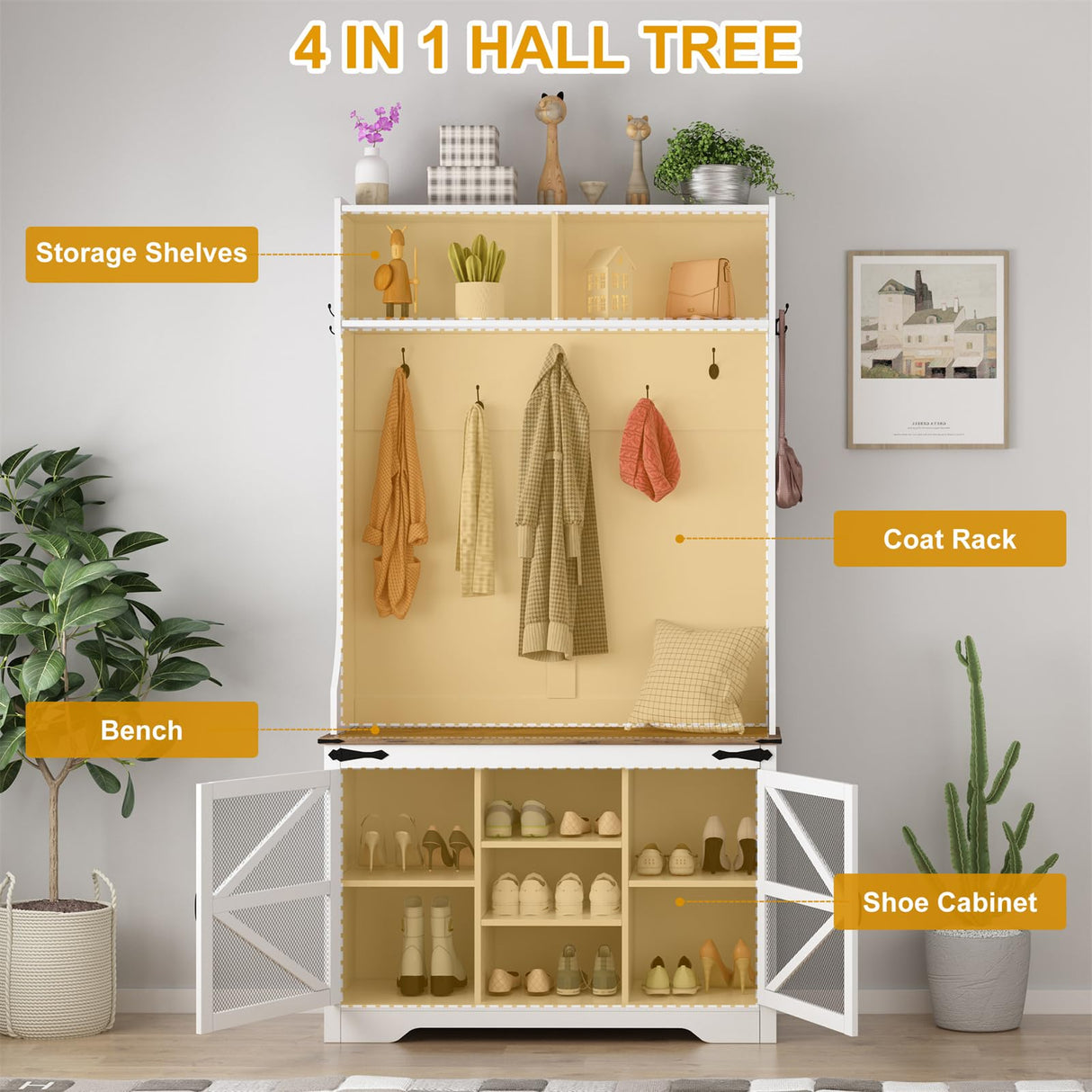MilleLoom Hall Tree with Shoe Storage, 4-in-1 Coat Rack with 7 Shoe Cubbies & 7 Coat Hooks, Farmhouse Entryway Bench Mudroom Storage Cabinet for Hallway, 42" W x 15.7" D x 77" H, White MilleLoom