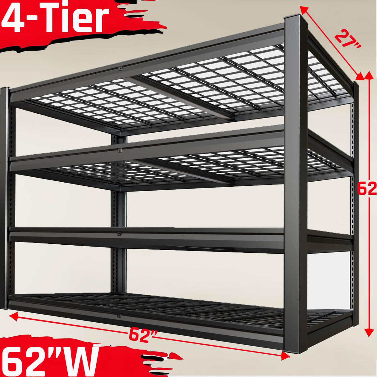 SKZNSA 62" Wide Heavy Duty Garage Shelving Units, 4-Tier Deep Storage Shelves,Black Metal Garage Shelves,Steel Shelf,Large Storage Rack,Industrial Shelving for Shop, 62" W x 27" D x 62" H SKZNSA