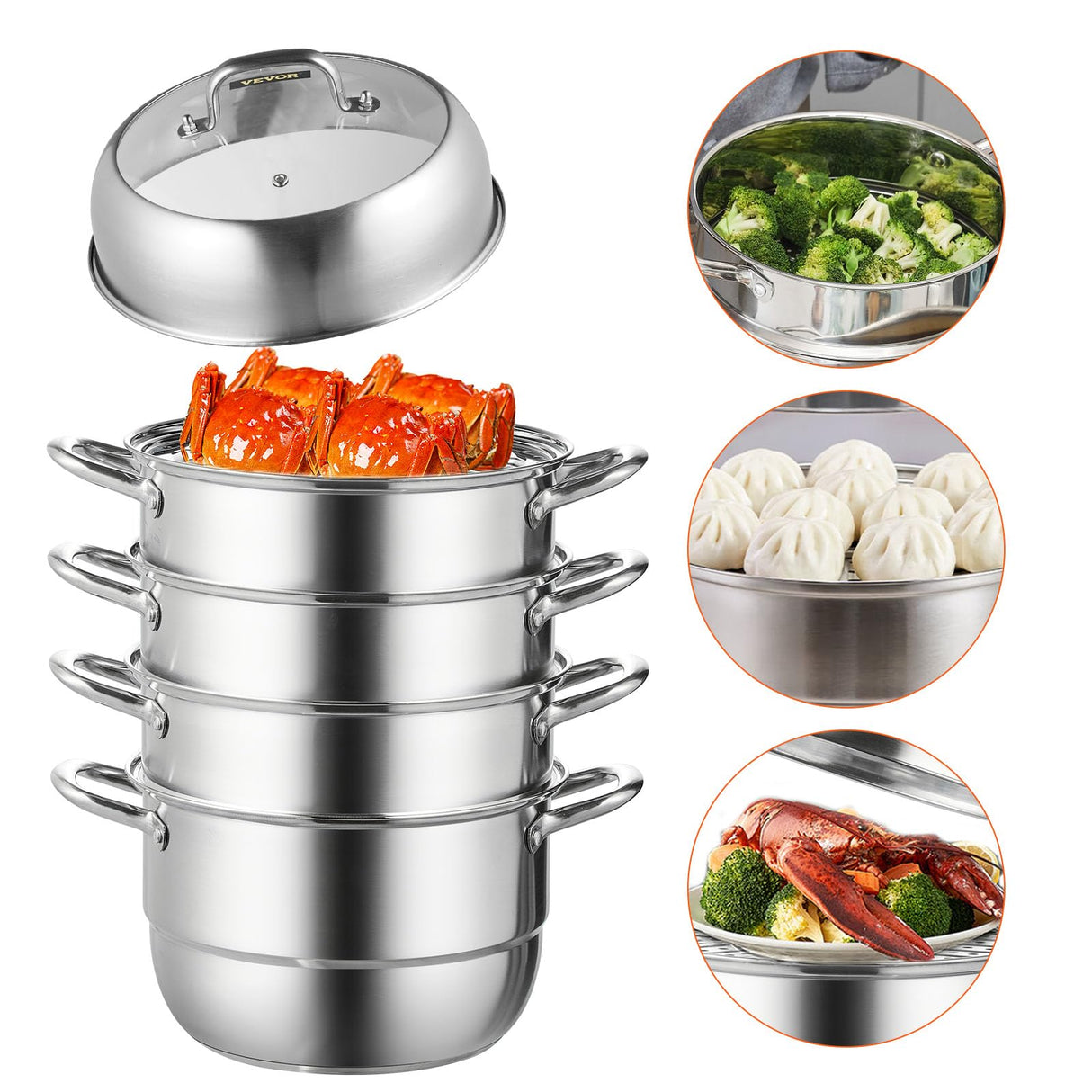 VEVOR Steamer Pot 11.8in/30cm, 5 Tier Steamer Pot for Cooking with 10QT Stock Pot, 3 Vegetable Steamers & 2 Steaming Trays, Food-Grade 304 Stainless Steel Food Steamer Cookware for Gas Electric Stove VEVOR