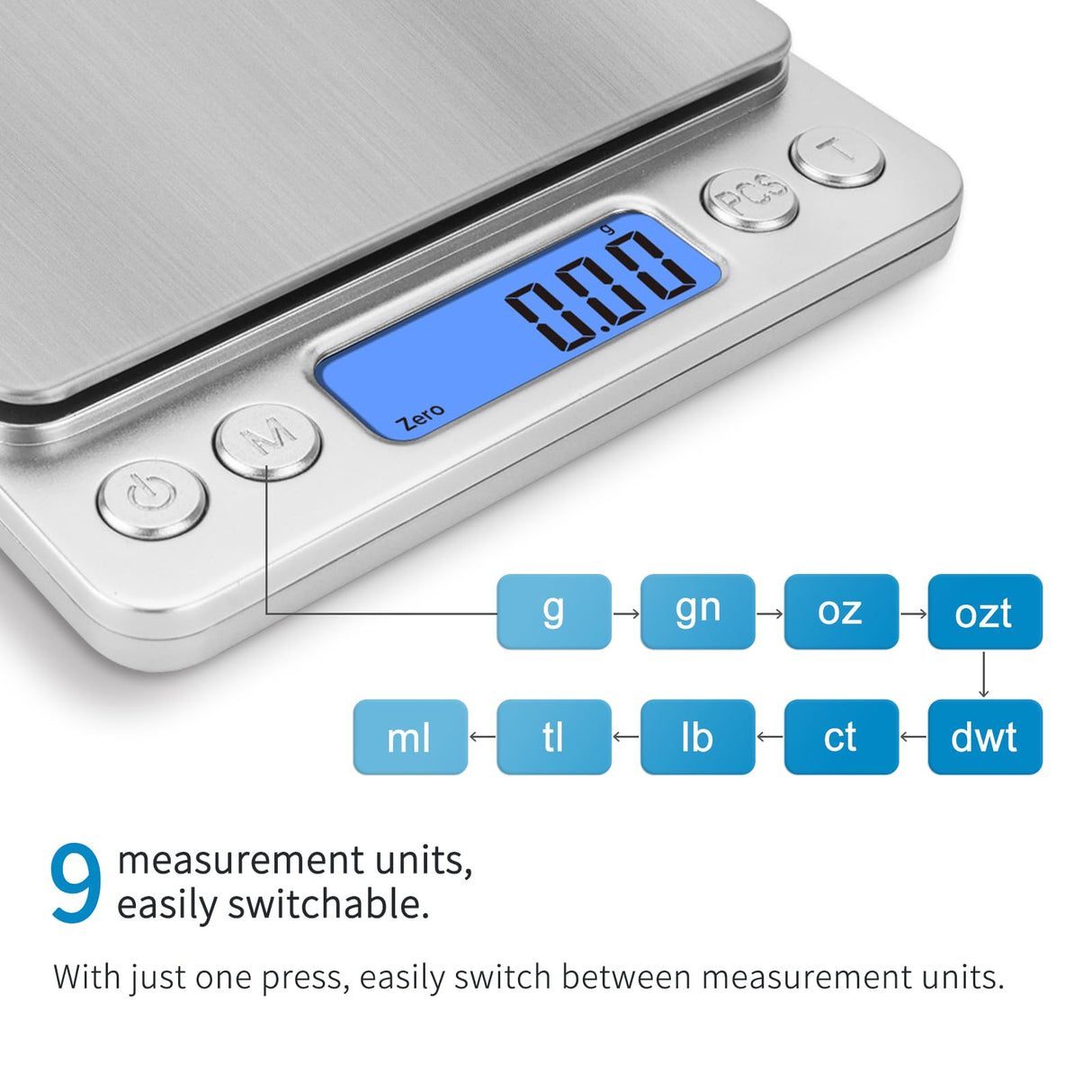 Toprime Digital Gram Scale 500g 0.01g Food Scale High Precision Kitchen Scale Multifunctional Stainless Steel Pocket Scale with Back-Lit LCD Display Tare PCS Features Silver toprime