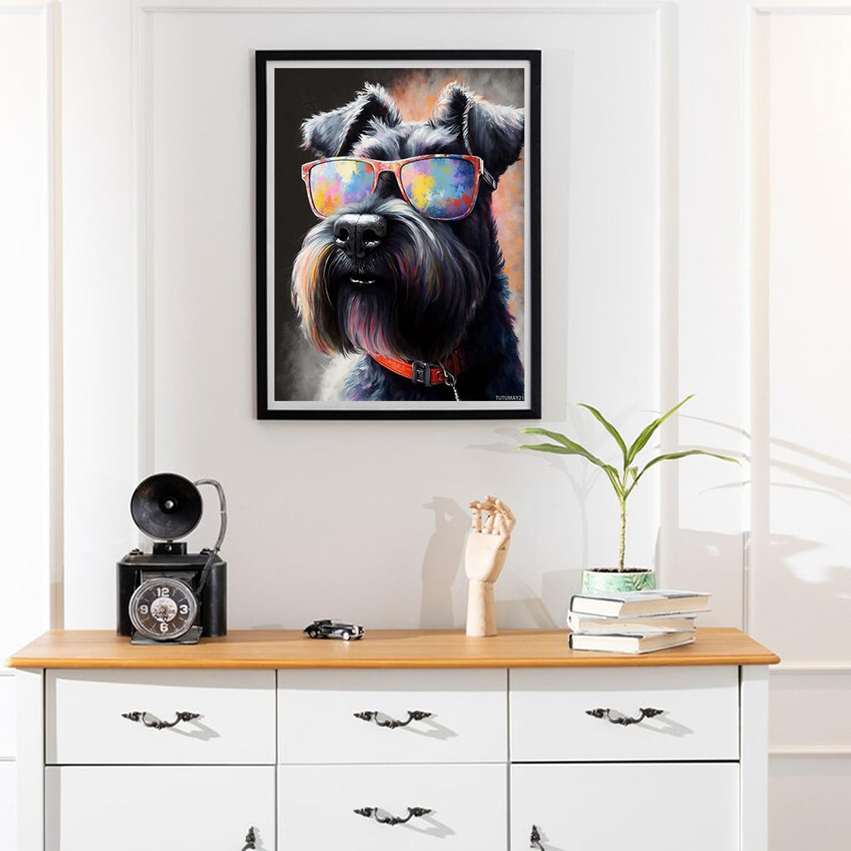 TUTUMAY21 Dog with Sunglass Diamond Painting DIY 5D Kit, Crystal Rhinestone Cute Animals Diamond Painting Giant Schnauzer Gemstone Wall Art Home Decoration, Gifts for Craft Lovers 12x16 inch TUTUMAY21