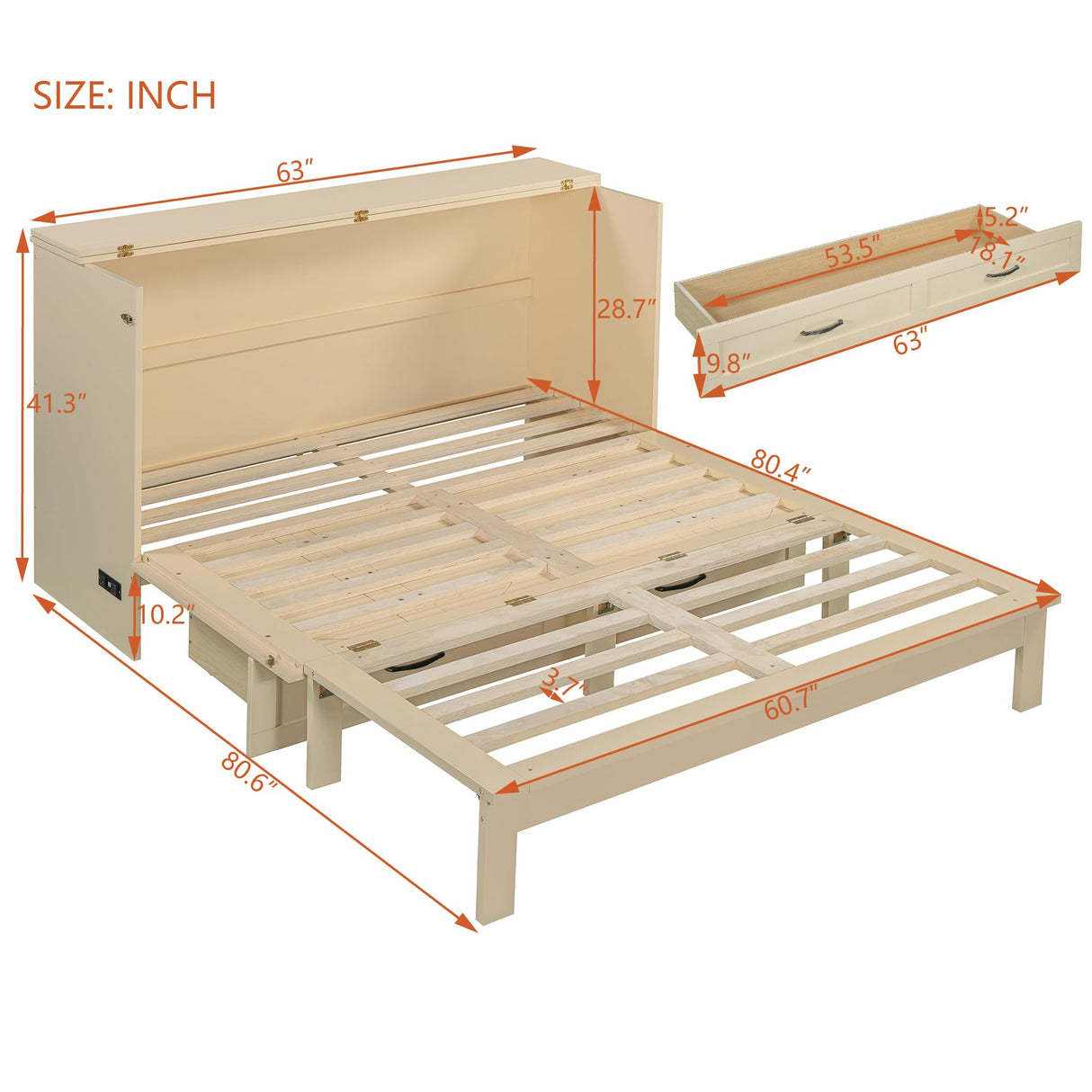 Merax Queen Size Murphy Bed Cabinet with Charging Station, Large Storage Drawer, Foldable Pull Out Murphy Chest Bed for Apartments, Bedrooms, Studio, No Spring Box Needed, Gold Merax