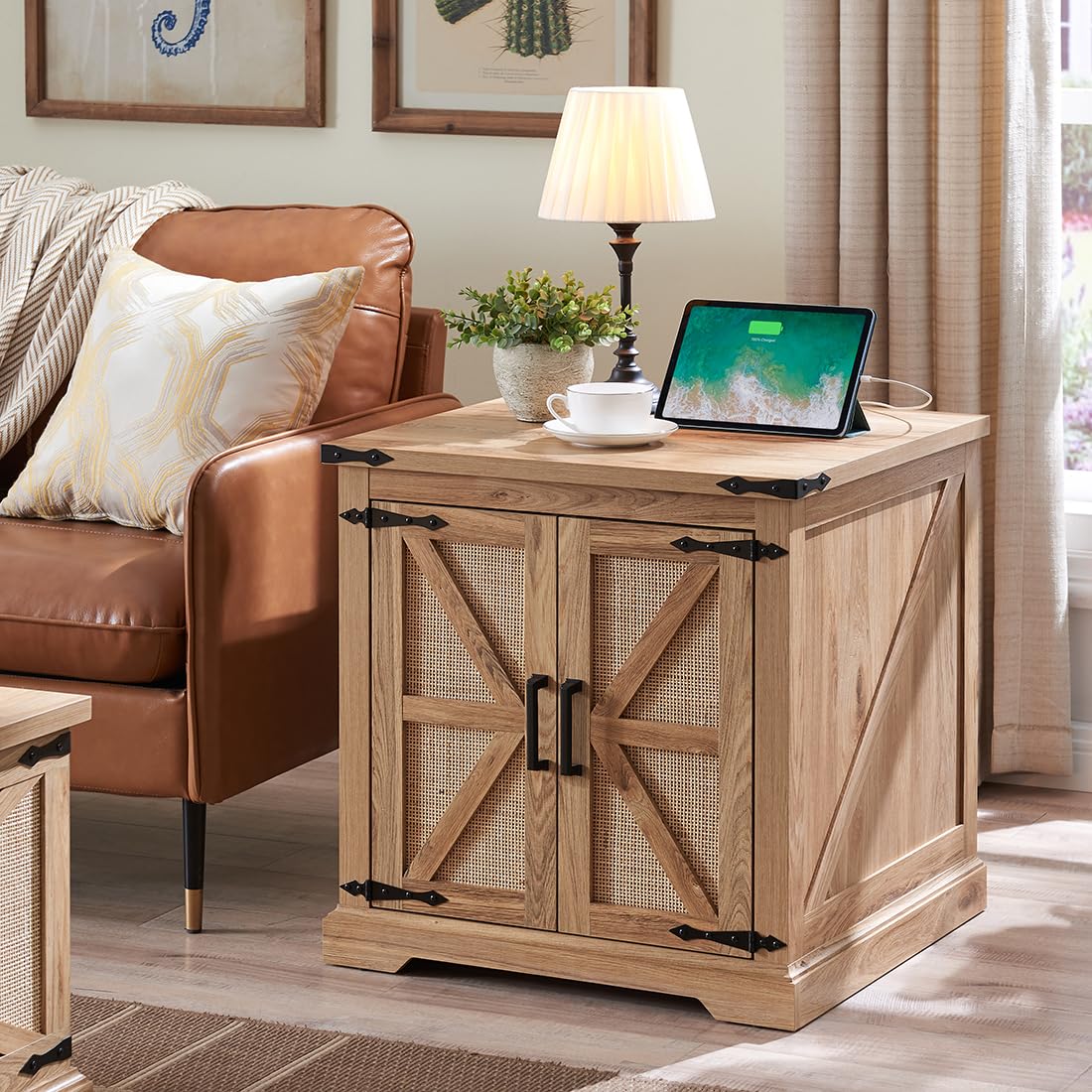 Barnyatoh Farmhouse Boho End Table with Charging Station, 24" Large Side Table with Rattan Barn Door, Rustic Wood Square Nightstand Bedside Table with Storage for Living Room, Bedroom, Natural Barnyatoh