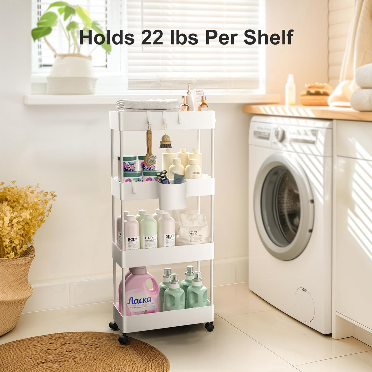 Pipishell Slim Storage Cart with Wheels, 4 Tier Bathroom Storage Organizer Rolling Utility Cart for Bathroom Kitchen Laundry Room Office Narrow Place (White) Pipishell
