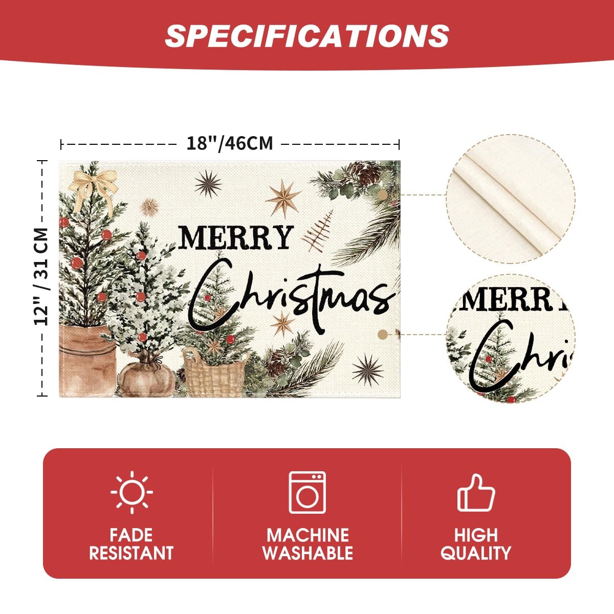 Artoid Mode Xmas Trees Holly Pine Cone Merry Christmas Placemats Set of 4, 12x18 Inch Seasonal Winter Holiday Table Mats for Party Kitchen Dining Decoration Artoid Mode