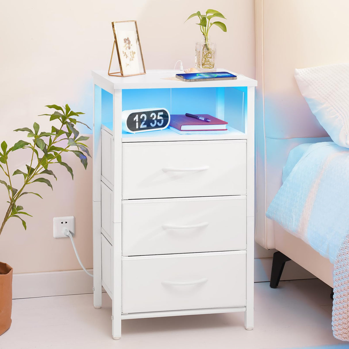 Yoobure Night Stand with Charging Station, 16 Colors LED Nightstand with USB Ports and Outlets, End Table with 3 Fabric Drawers and Storage Shelf, Bedside Tables Small Dresser for Small Space White Yoobure