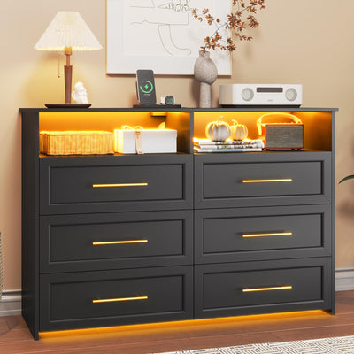 AOGLLATI Dresser for Bedroom with Charging Station, Black Dresser with Dual Led Light, 6 Drawer Modern Bedroom Led Wood Wide Dresser for Bedroom