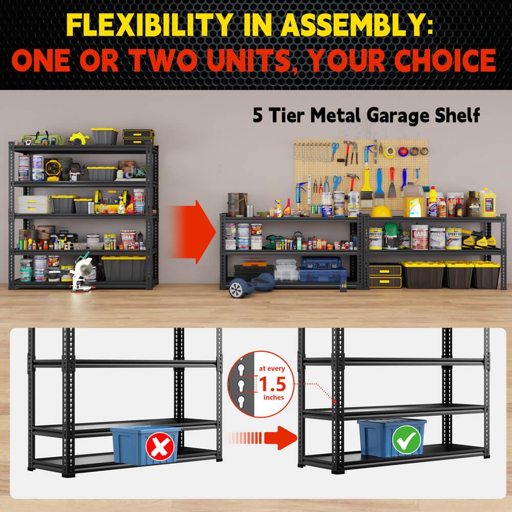 Lauxery Heavy-Duty Garage Shelving Unit | 3000lbs Capacity | Easy Assembly | Innovative Honeycomb Shelves | 5-Tier Adjustable Industrial Shelf for Basement/Pantry/Warehouse| 72" H x 48" W x 18.9" D Lauxery