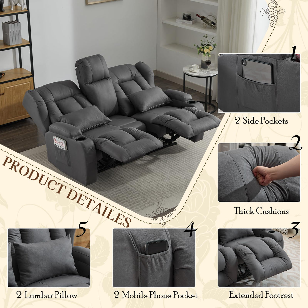 SAMERY 68" RV Loveseat Recliner Sofa, 6" Wall Hugger Reclining Loveseat with Flip-Down Console, Manual Fabric Recliner Sofa Couch for Living Room RV Theater Seating with Cup Holder SAMERY