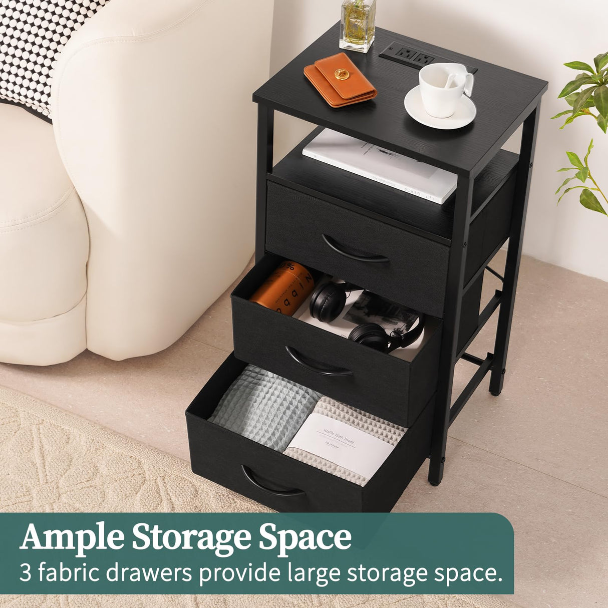 Yoobure Night Stand with Charging Station, 16 Colors LED Nightstand with USB Ports and Outlets, End Table with 3 Fabric Drawers and Storage Shelf, Bedside Tables Small Dresser for Small Space Black Yoobure