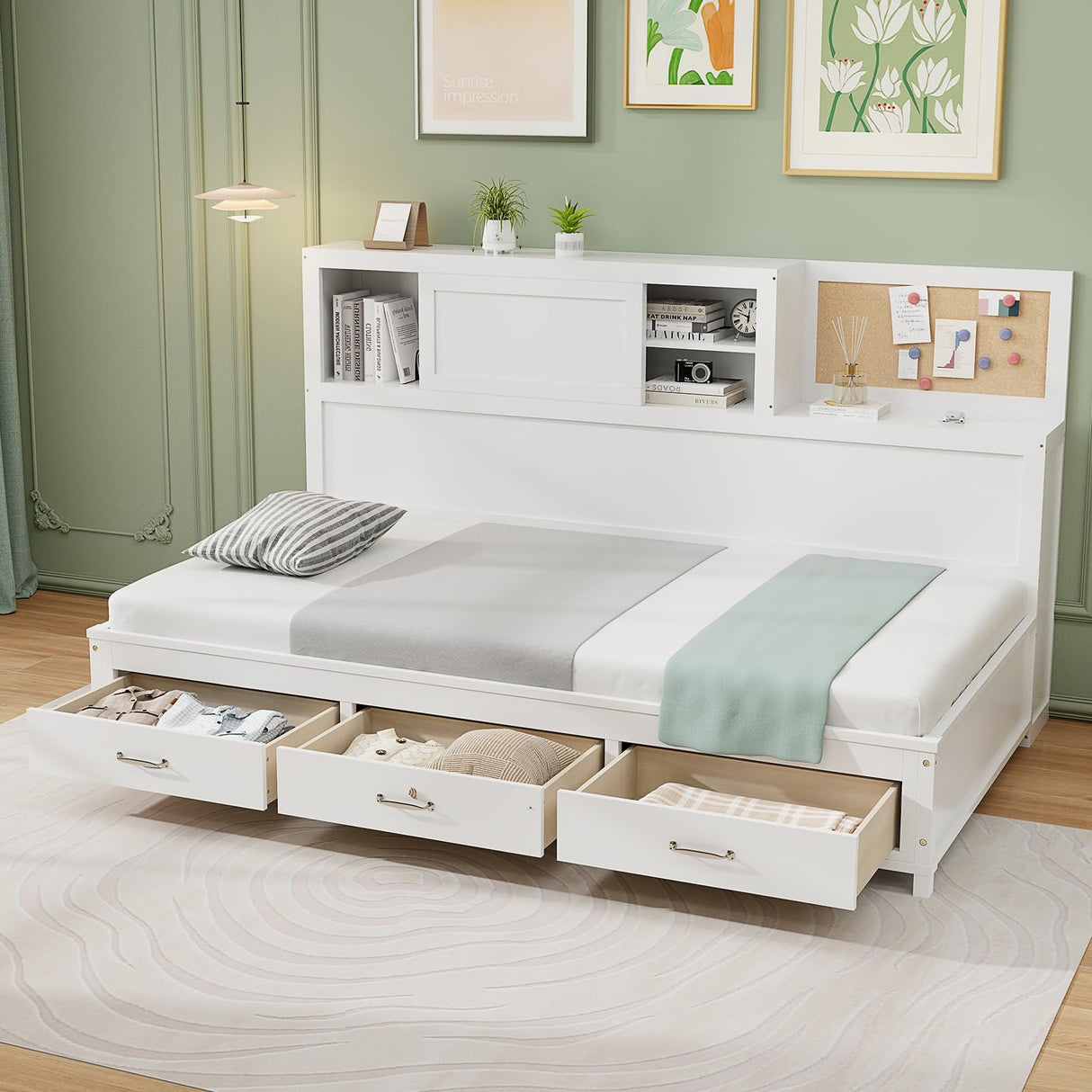 Giantex White Twin Daybed with 3 Storage Drawers, Cork Board & Sliding Door Giantex