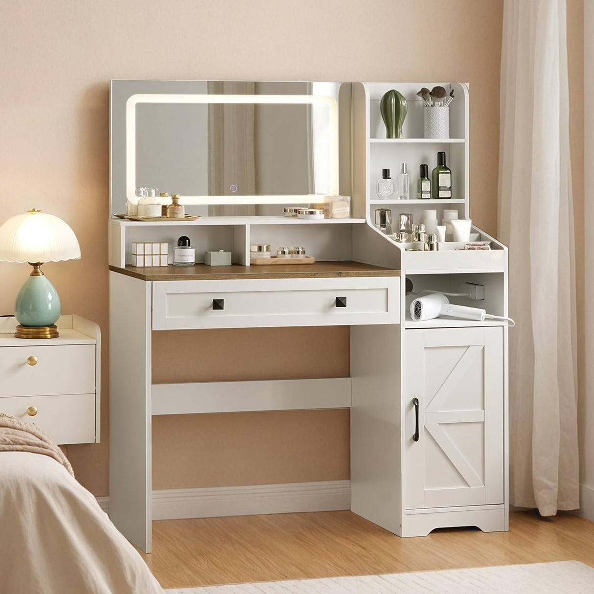HOOBRO White Vanity Desk with Mirror and Lights, Farmhouse Vanity Makeup Desk with Charging Station, 41.5" Makeup Vanity Desk with Lighted Mirror, Power Outlet HOOBRO