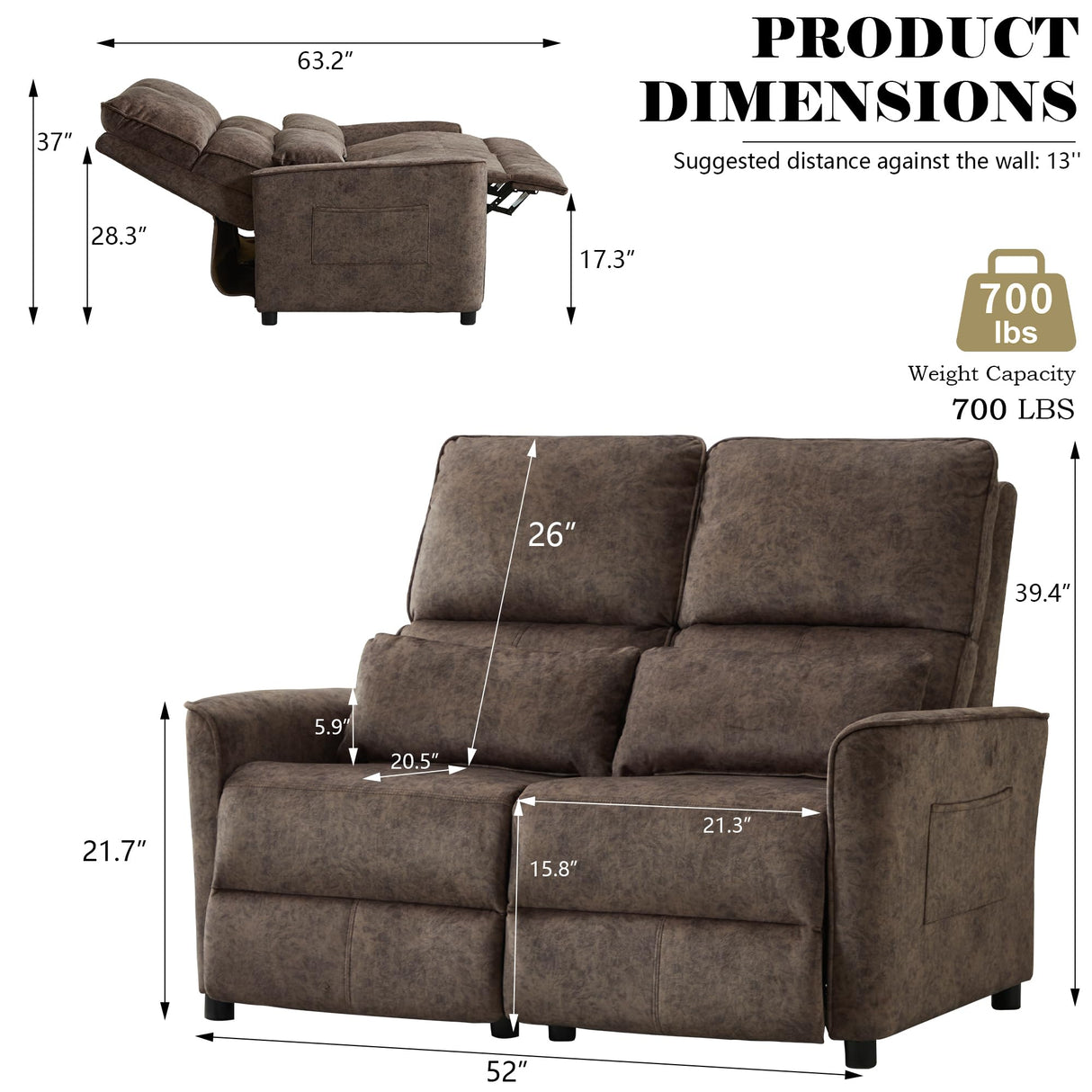 DRMBOOK 52'' RV Loveseat Recliner Sofa, Velvet Fabric Double Camper Couch 2 Seater Recliner, Home Movie Theater Seating Chair, 2 Person Push Back Recliners for Living Room, Brown DRMBOOK