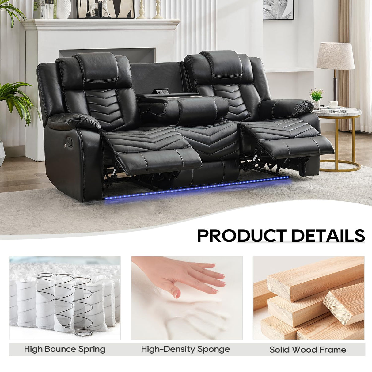 Manual Recliner Sofa Set 3 Piece with Wireless Charger for Living Room,Leather 3 Seater Reclining Couch with Bass Speaker and Loveseat Theater Seating,Home Electric Recliner Chair with LED Light,Black Comfort Stretch