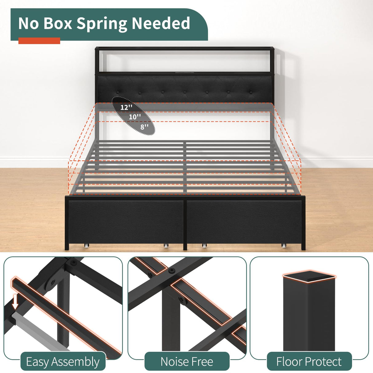 Yoobure Black Queen Bed Frame with Headboard, LED Lights & Charging Station, Storage Drawers, No Box Spring Required Yoobure