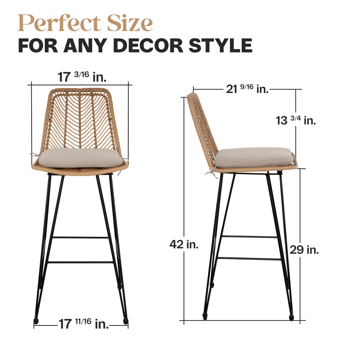 IDZO 400lbs Capacity Rattan Bar Stools Set of 2 Upgraded, 42-Inch Height Outdoor Bar Stools with Comfort Cushion, Solid Steel Frame & Durable Power Coating, Easy Assembly IDZO