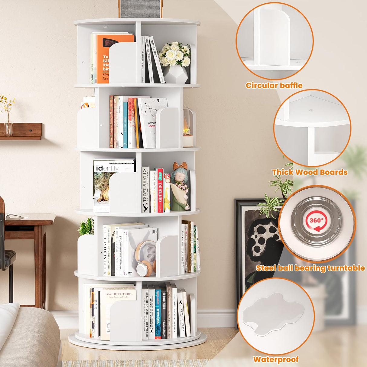 Besiost Rotating Bookshelf Tower, 5 Tier Spinning Bookcase, Revolving 360 Book Shelf Narrow Tall Bookcase, Vertical Turning Round Bookshelf Organizer, Wood Corner Book Shelf for Small Space, White Besiost