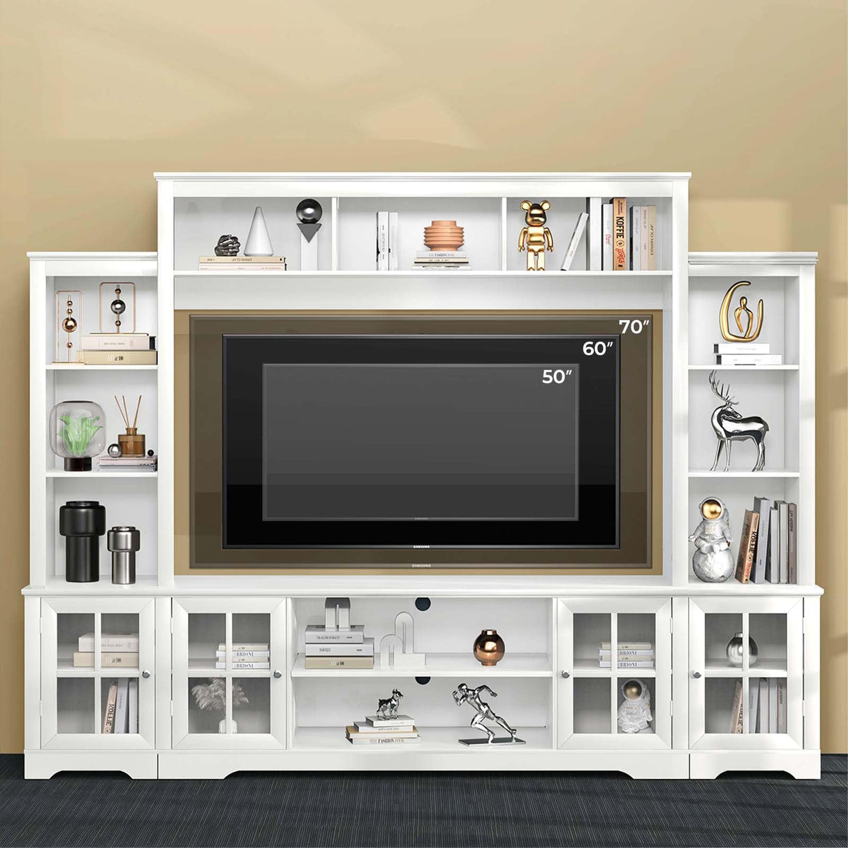 Tatub Large Wall Unit Entertainment Center with Storage, Modern TV Entertainment Center with Bookshelves and Bridge Cabinet, Living Room Tall Bookshelf with Storage, 65.7" Wide for TV Placement, White Tatub