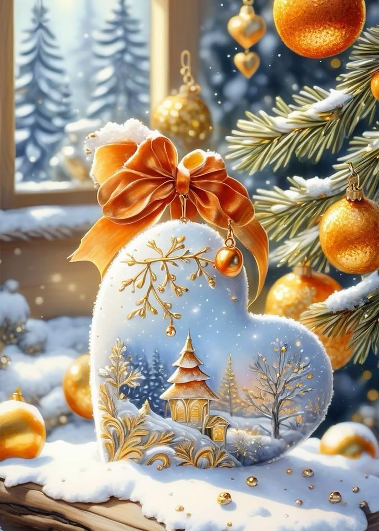 KINPLUB Christmas Diamond Art Kits for Adults Beginners, Christmas Winter Love Heart Diamond Painting Kits for Adults, DIY Full Drill Round Gem Art Dots for Home Wall Decor 12x16 Inch KINPLUB