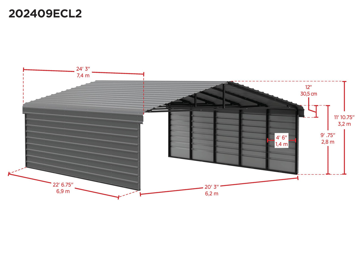 Arrow Carports Galvanized Steel Carport, with 2-Sided Enclosure, Compact Car Metal Carport Kit, 20' x 24' x 9', Charcoal Arrow Shed