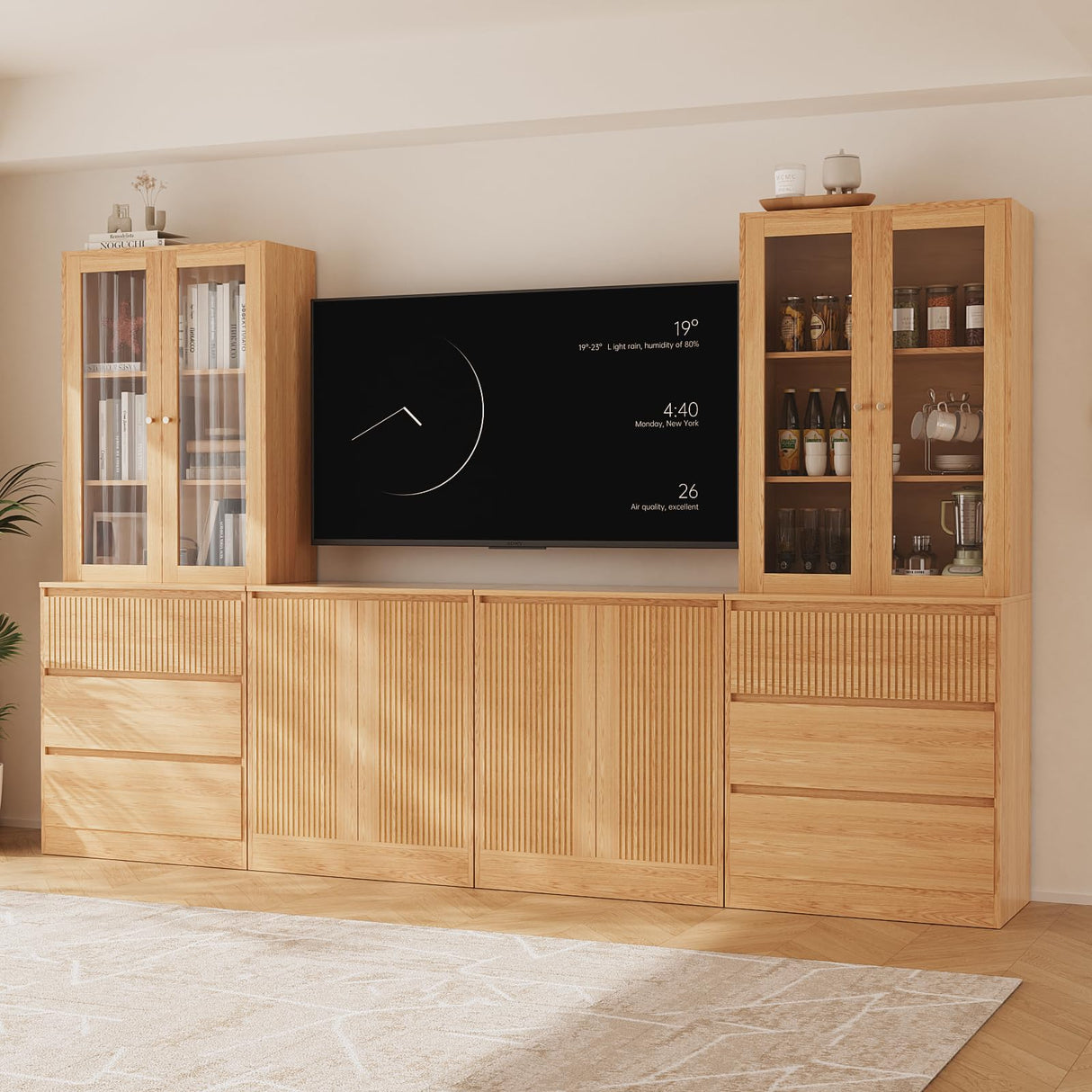 TUSY 4-Piece Large TV Stand with Bookshelves for TVs up to 75", TV Hutch with Tempered Glass Doors and Shelves, TV Entertainment Center Media Center with 2 Tall Cabinets for Living Room (D+2G+D) TUSY