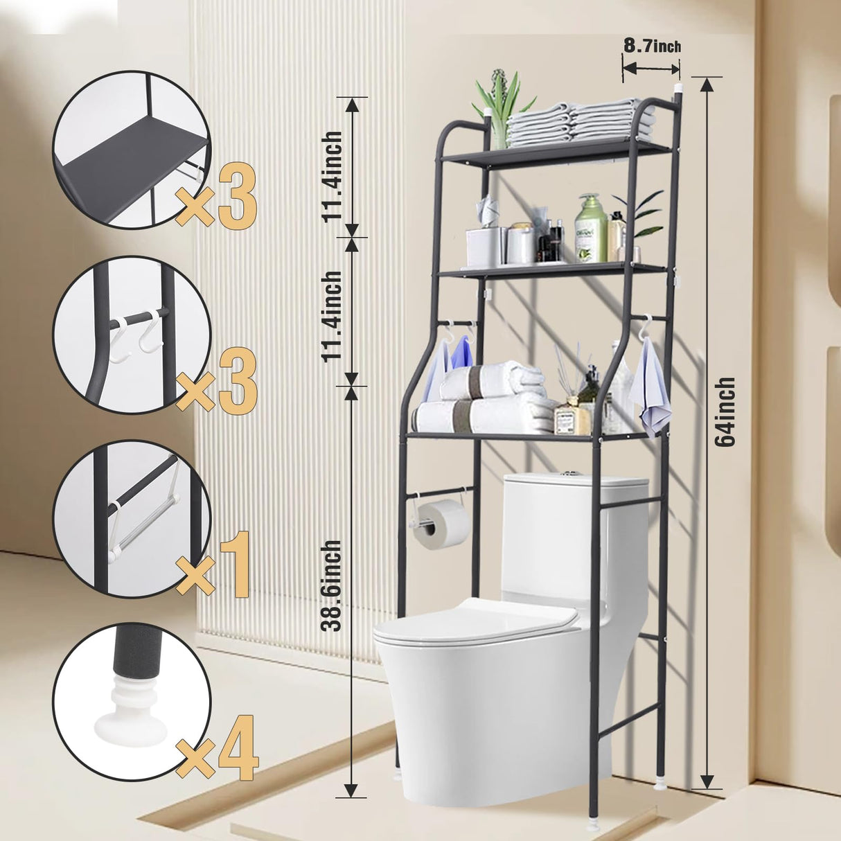 Metal Over Toilet Storage Stand Above Bathroom Organizers and Storage Cabinet Behind Over The Toilet Shelf Rack 3 Tier Bathroom Shelves Over Toilet Freestanding Space Saver with Toilet Paper Holder Rindoujin