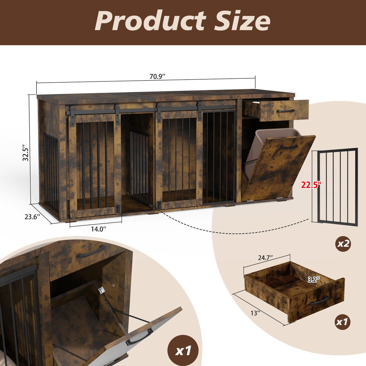 KIGOTY Furniture Style Dog Crate with Storage, 71 Inch Double Dog Crate for 2 Dogs, Wooden Large Dog Kennel with Drawers,Tilt Out Trash Cabinet,Divider and Sliding Doors (Rustic Brown) KIGOTY