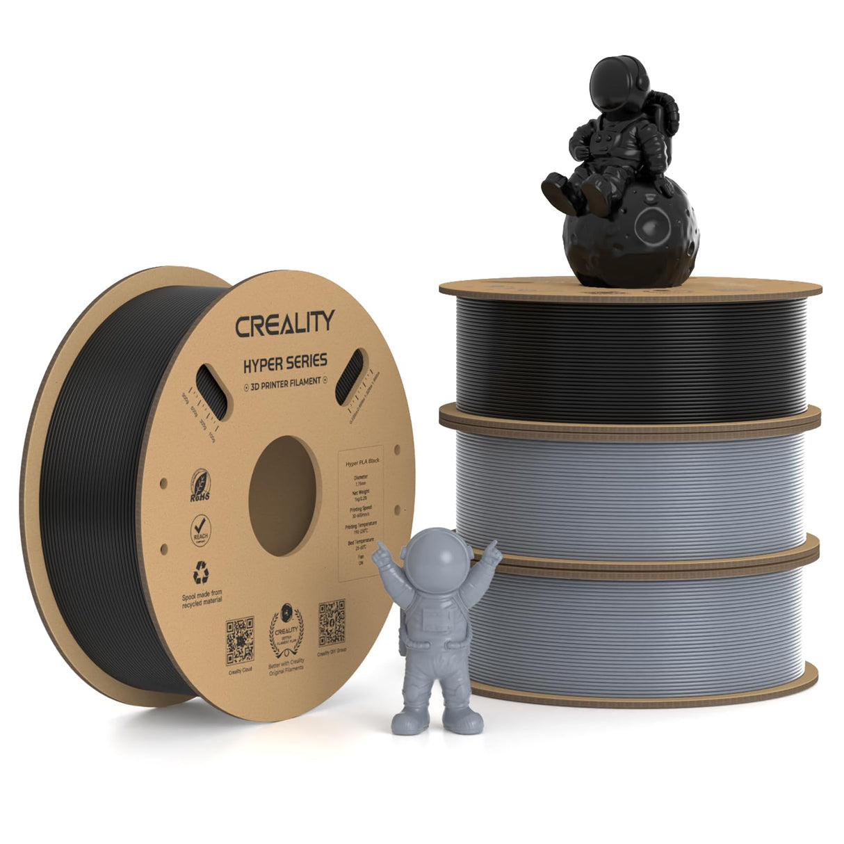 Creality Hyper PLA Filament 1.75mm, 30-600mm/s High Speed 3D Printer Filament, Dimensional Accuracy +/-0.02mm, Fit Most FDM 3D Printers, 4 Pack 1kg Spool(2.2lbs), Black & Grey Creality