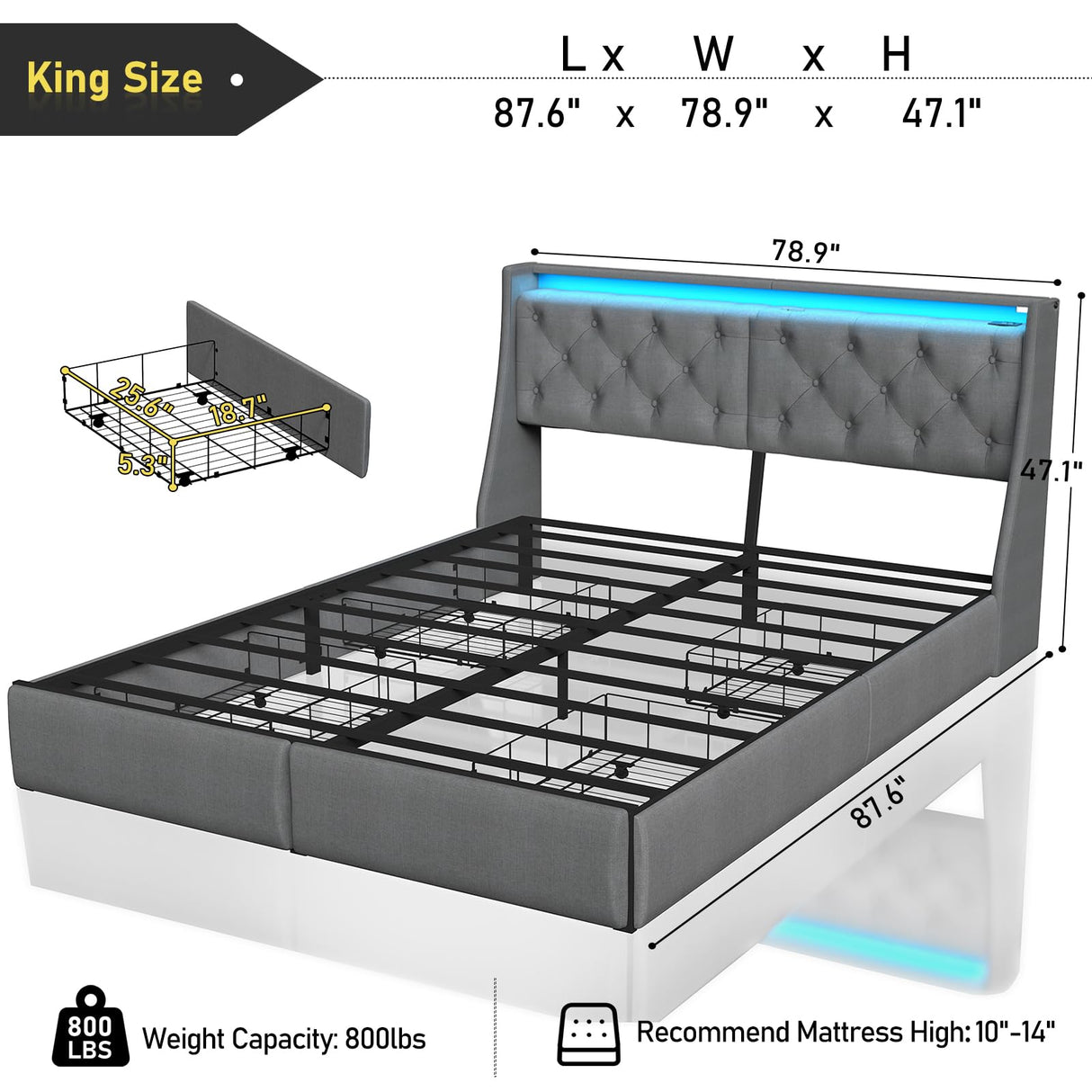 SADENICEL King Size Bed Frame with Storage Headboard, Metal Platform Bed Frame King with 4 Drawer, LED Light, Charging Station, No Box Spring Needed, Noise Free, Easy Assembly, Grey SADENICEL