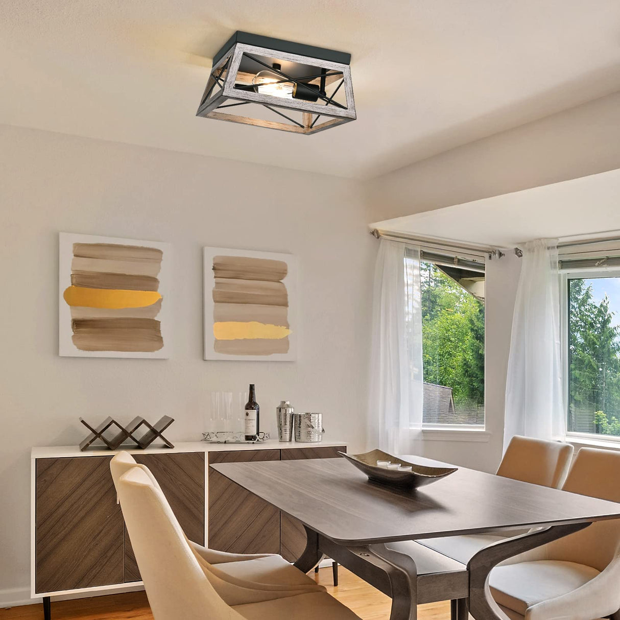 DEWENWILS Farmhouse Flush Mount Ceiling Light, Metal Ceiling Light Fixture with Wood Grain Finish, 2-Lights Hallway Light Fixture Ceiling Mount for Entryway, Foyer, Dining Room DEWENWILS