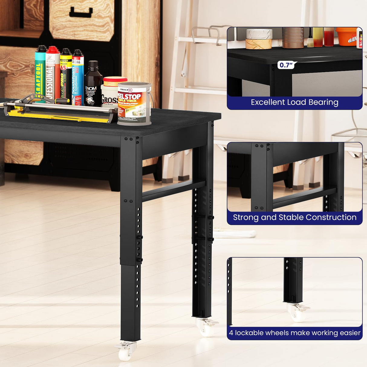 DKLGG 2000Lbs Workbench Adjustable Height, 47.2" Heavy-Duty Work Bench Table Mobile Workbench with Lockable Casters, Multifunction Work Station for Garage, Workshop, Home, Office, Easy Assembly DKLGG