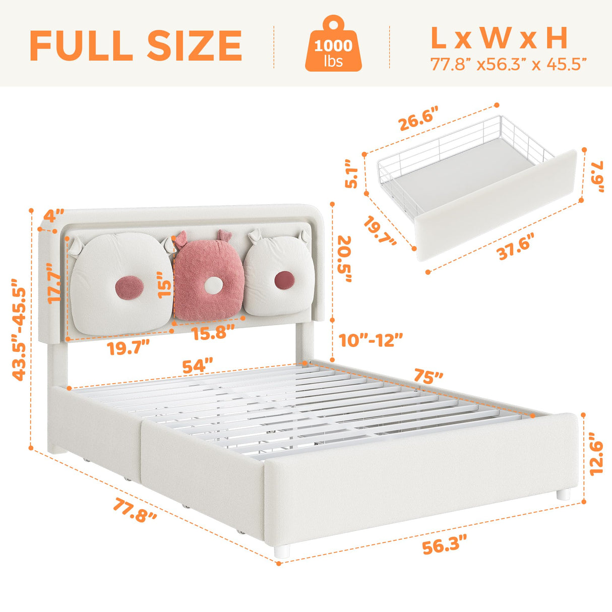 Full Boucle Upholstered LED Bed Frame with Storage Drawer and Adjustable Chic Double Arc Headboard, Princess Platform Cloud Bed with Backrest, Heavy Duty Metal Support, No Box Spring Needed, White Jocoevol