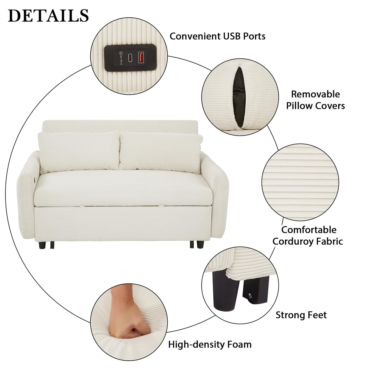 Merax Pull-Out Sofa Bed Convertible Couch 2 Seat Loveseat Sofa Modern Sleeper Sofa with Two Throw Pillows and USB Ports for Living Room, Beige Merax