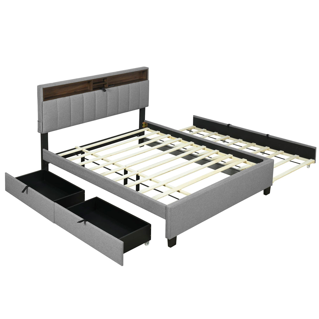 Merax Queen Bed Frame with Trundle Pull Out, Wood Bed Frame Queen Size with Storage Drawers and Headboard, Linen Upholstered Queen Bed with a Set of Sockets & USB Ports, Gray Merax