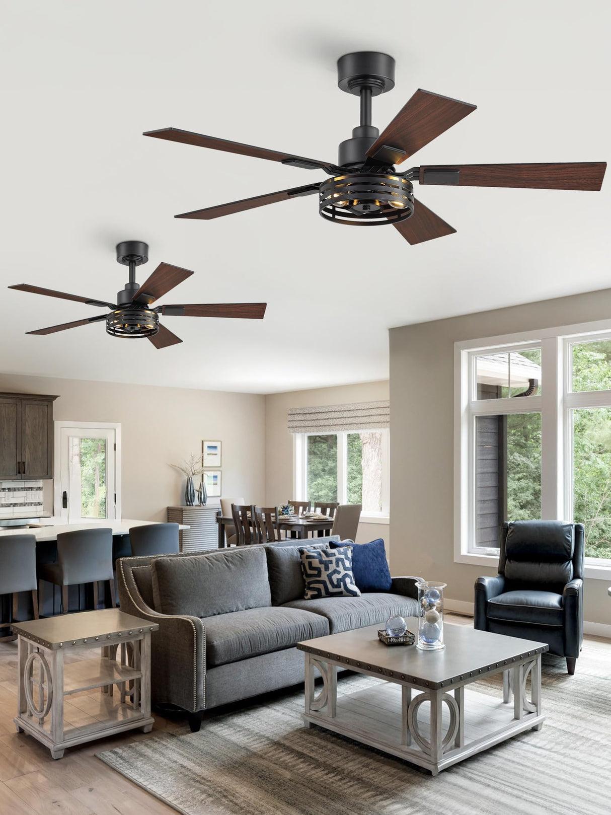 42 Inch Farmhouse Ceiling Fan with Lights 2 Pack, Rustic Black Ceiling Fans with Remote, 5 Dual Finish Blades, Quiet 6 Speed Reversible DC Motor, Caged Industrial Fan for Bedroom, Living Room, Patio Fanbulous