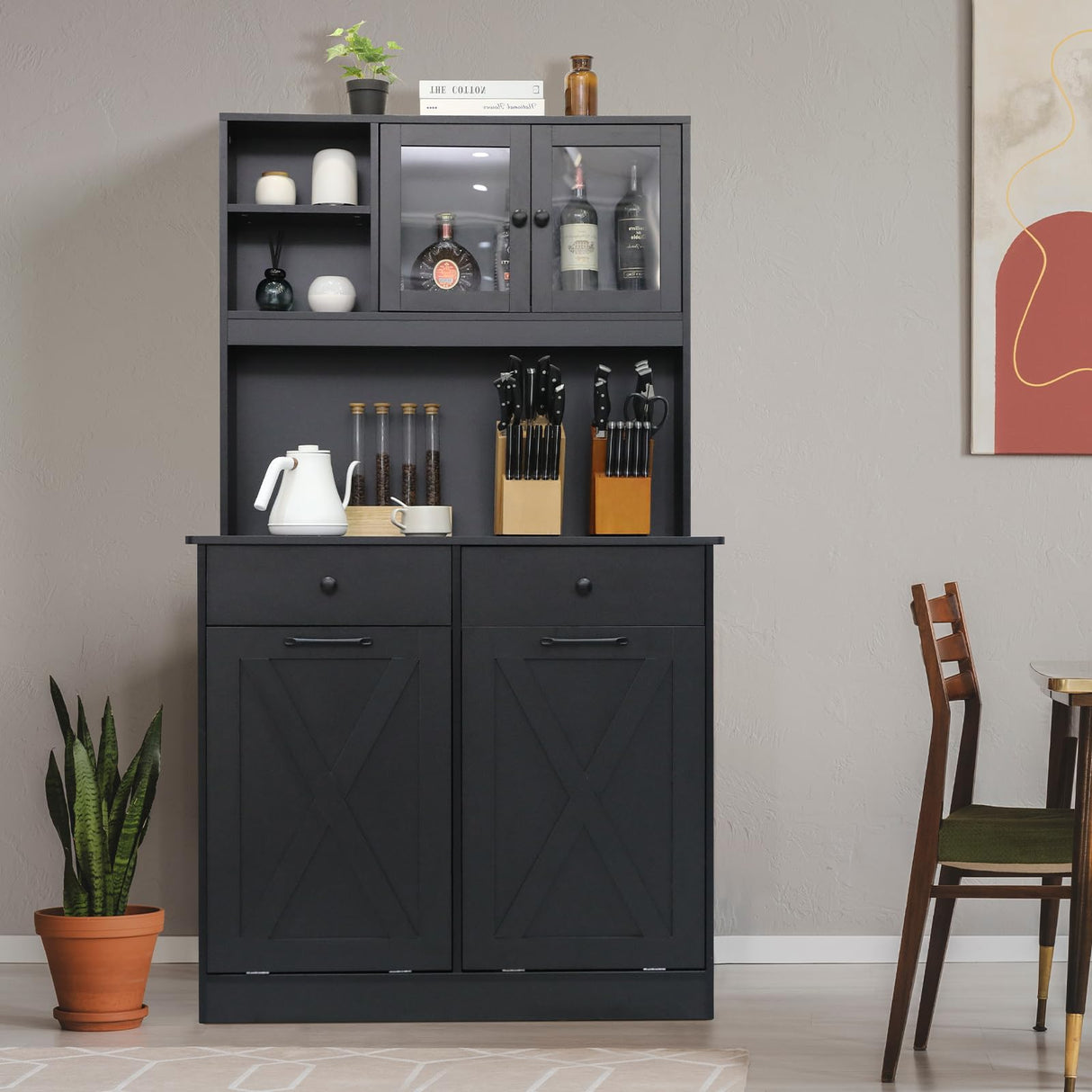 Arlopu Dual Tilt Out Trash&Storage Cabinet, Kitchen Sideboard Cupboard W/Pet Proof 10X2 Gal Hidden Garbage Holder, Freestand Laundry Sort Cabinet, W/Drawer, Shelves,Barn Door (Black) Arlopu