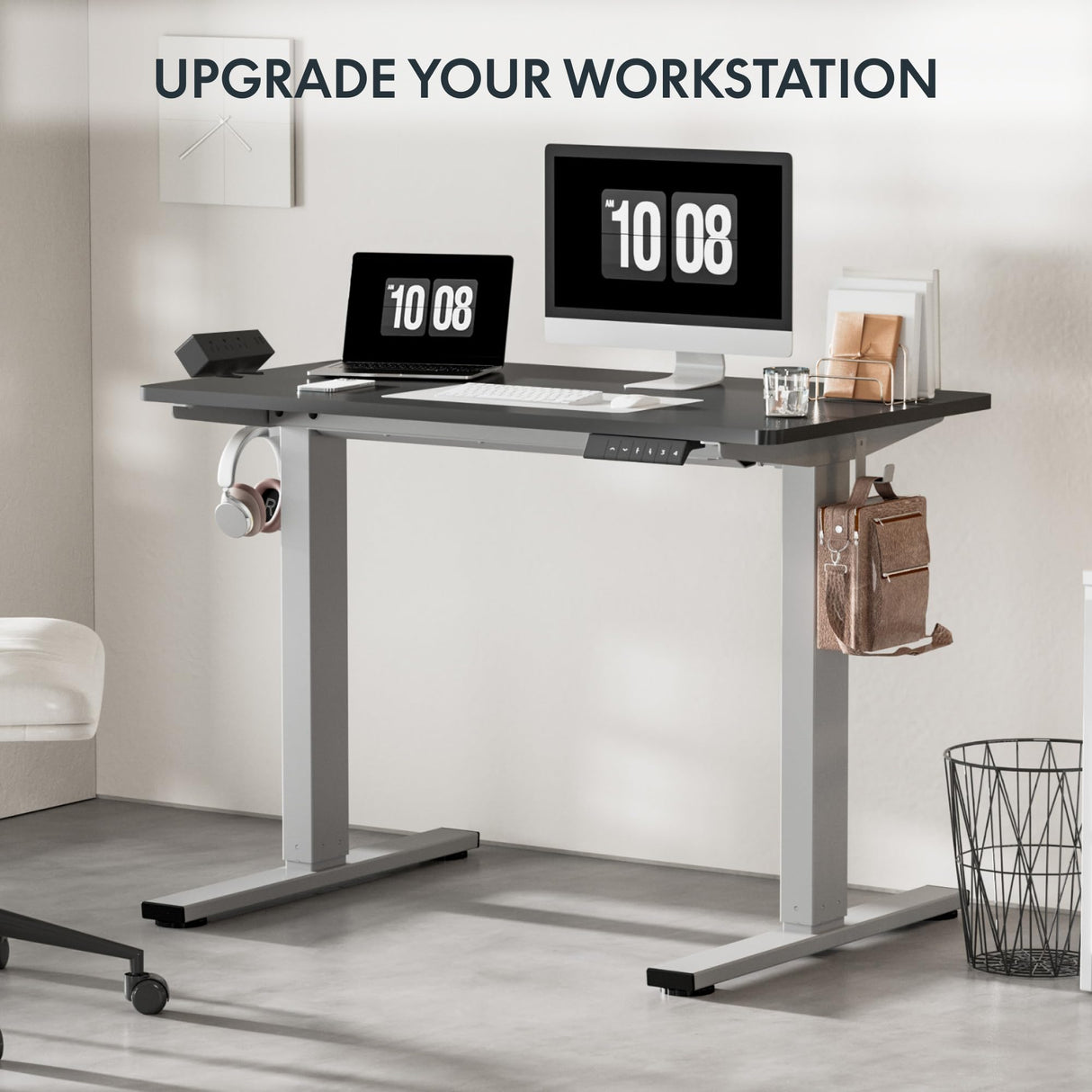 FLEXISPOT EN2 Electric Stand Up Desk 48 x 30'' Whole-Piece Desktop Standing Desk Standing Height Adjustable Desk with Desk Clamp Power Strip, Cable Management (Gray Frame + 48" Black Top, 2 Packages) FLEXISPOT