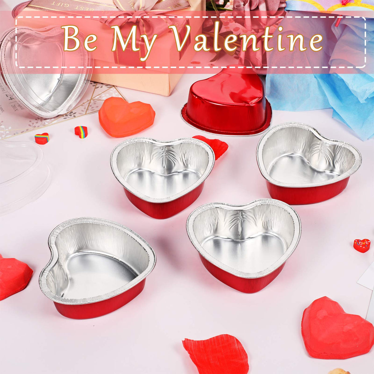 Aluminum Foil Cake Pan Heart Shaped Cupcake Cup with Lids 100 ml/ 3.4 Ounces Disposable Mini Cupcake Cup Flan Baking Cups for Valentine Mother's Day Wedding Xmas Birthday (Red,40 Sets) Patelai