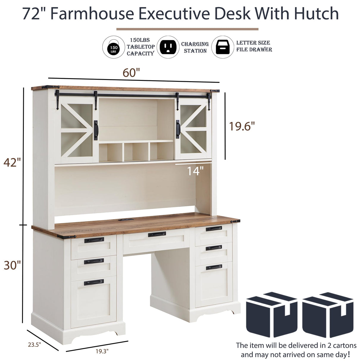 RedLemon 60" Farmhouse Desk with Hutch, Wood Home Office Executive Desk with Drawer, Charging Station, Keyboard Tray, File Drawer, Storage Cabinet, Rustic Writing Computer Desk (Antique White) RedLemon