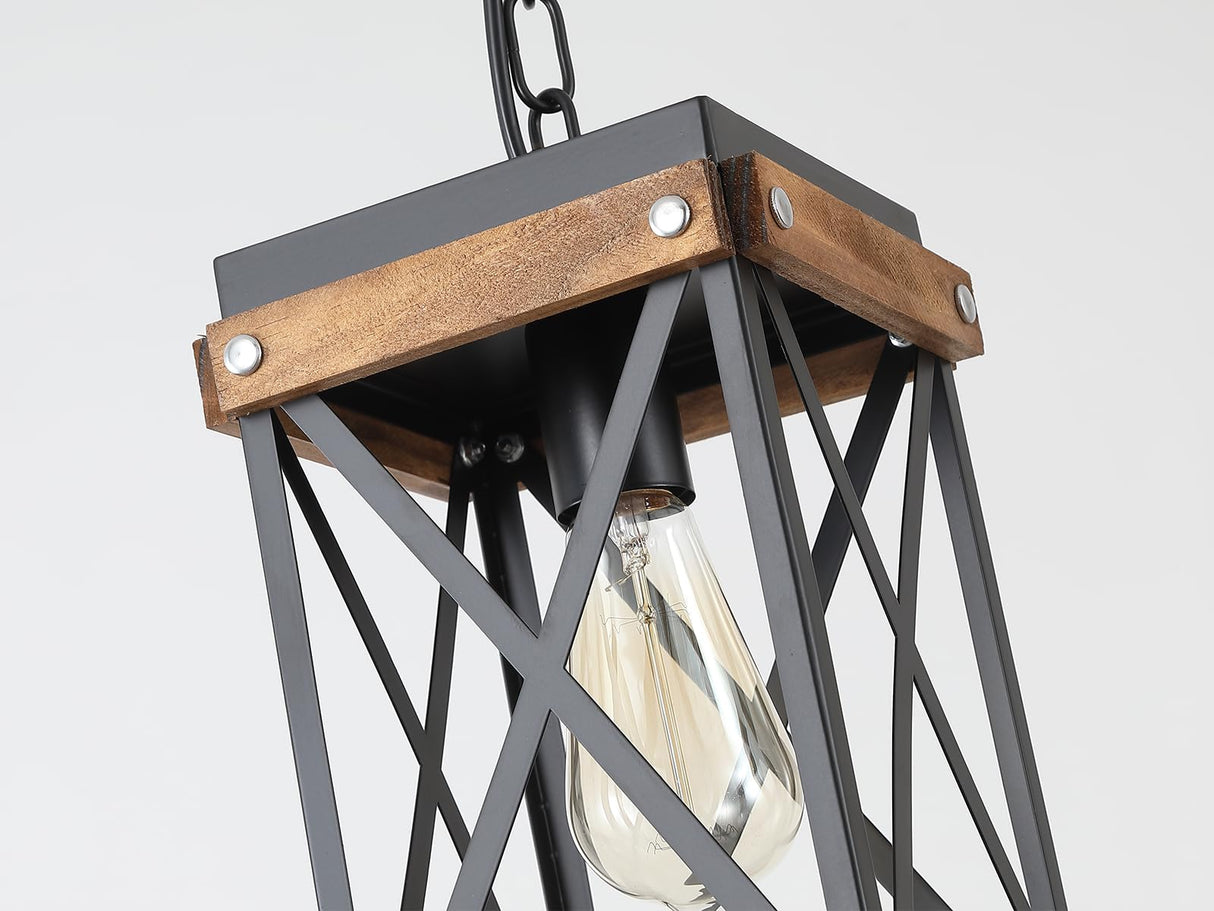 2 Pack Rustic Farmhouse Wood Pendant Light Fixture One-Light Adjustable Chain Oak Wood and Metal Lantern Cage Small Pendant Lighting for Kitchen Island Sink Hallway Farmhouse Bathroom Bar, Black RKUCSR