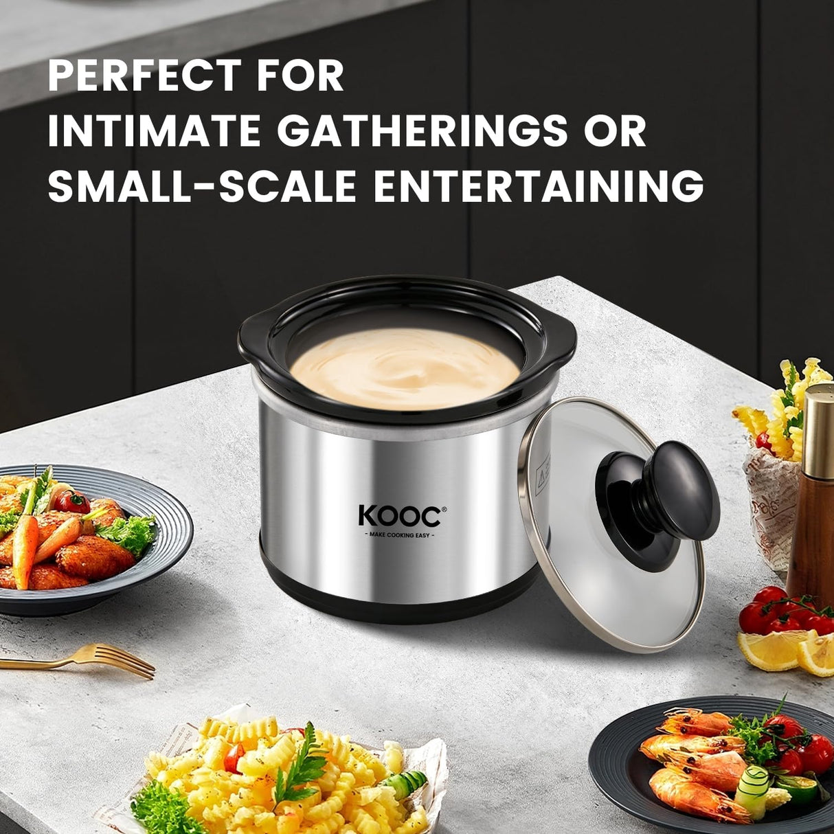 KOOC Small Slow Cooker, 0.65-Quart, Free Liners Included for Easy Clean-up, Upgraded Ceramic Pot, Nutrient Loss Reduction, Stainless Steel, Silver, Round KOOC