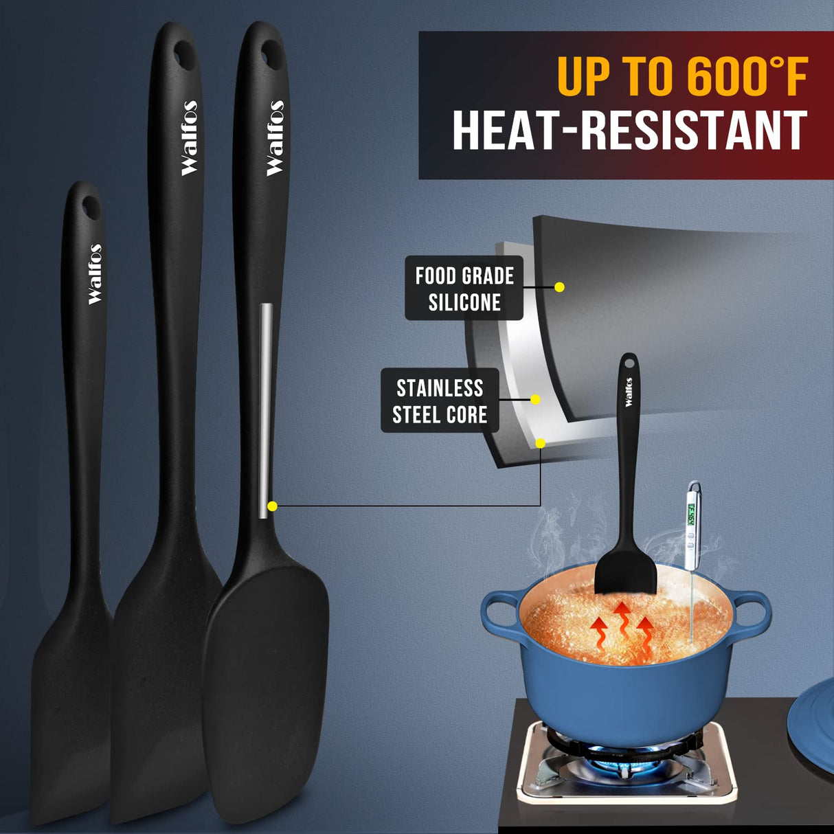 Walfos Silicone Spatula Set of 5 - (600°F) High Heat Resistant Kitchen Scraper Spatulas, One-Pieces Seamless Design, Perfect for Cooking Mixing & Baking - BPA Free and Dishwasher Safe,black Walfos