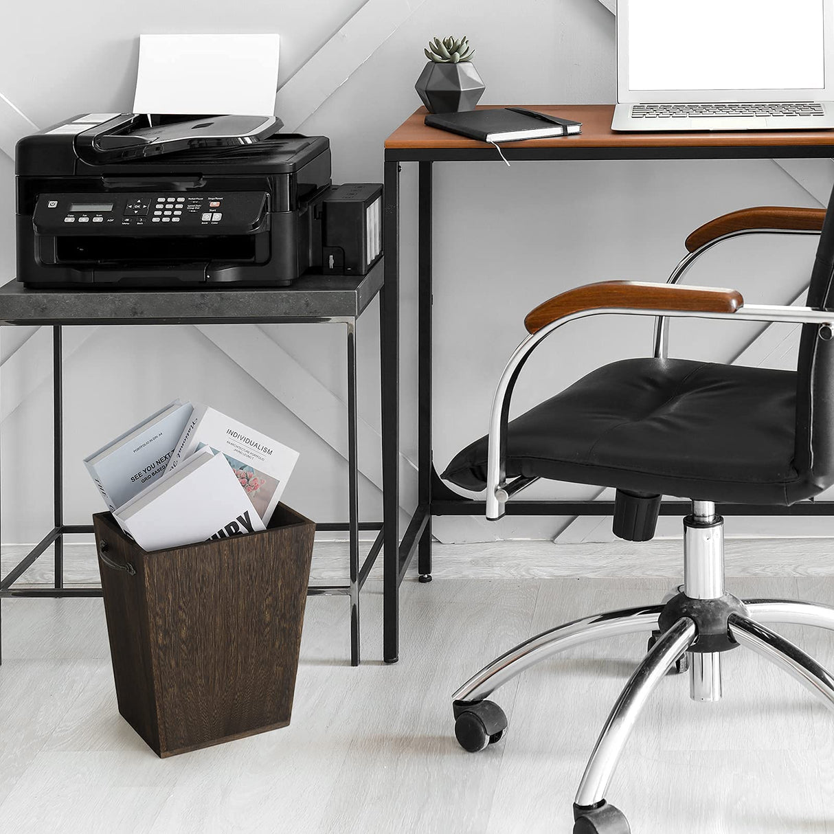 Trash Can Wastebasket Wood Garbage Container Bin with Built-in Double Metal Handles for Office, Bedroom, and Bathroom, Dark Brown OYEAL