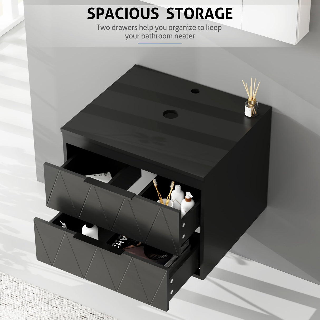 eclife 24" Bathroom Vanities Cabinet with Sink Combo, Wall Mounted Floating Cabinet w/Decor Lines, White Boat Ceramic Vessel Sink W/ORB Water Save Faucet & Pop Up Drain, Black eclife