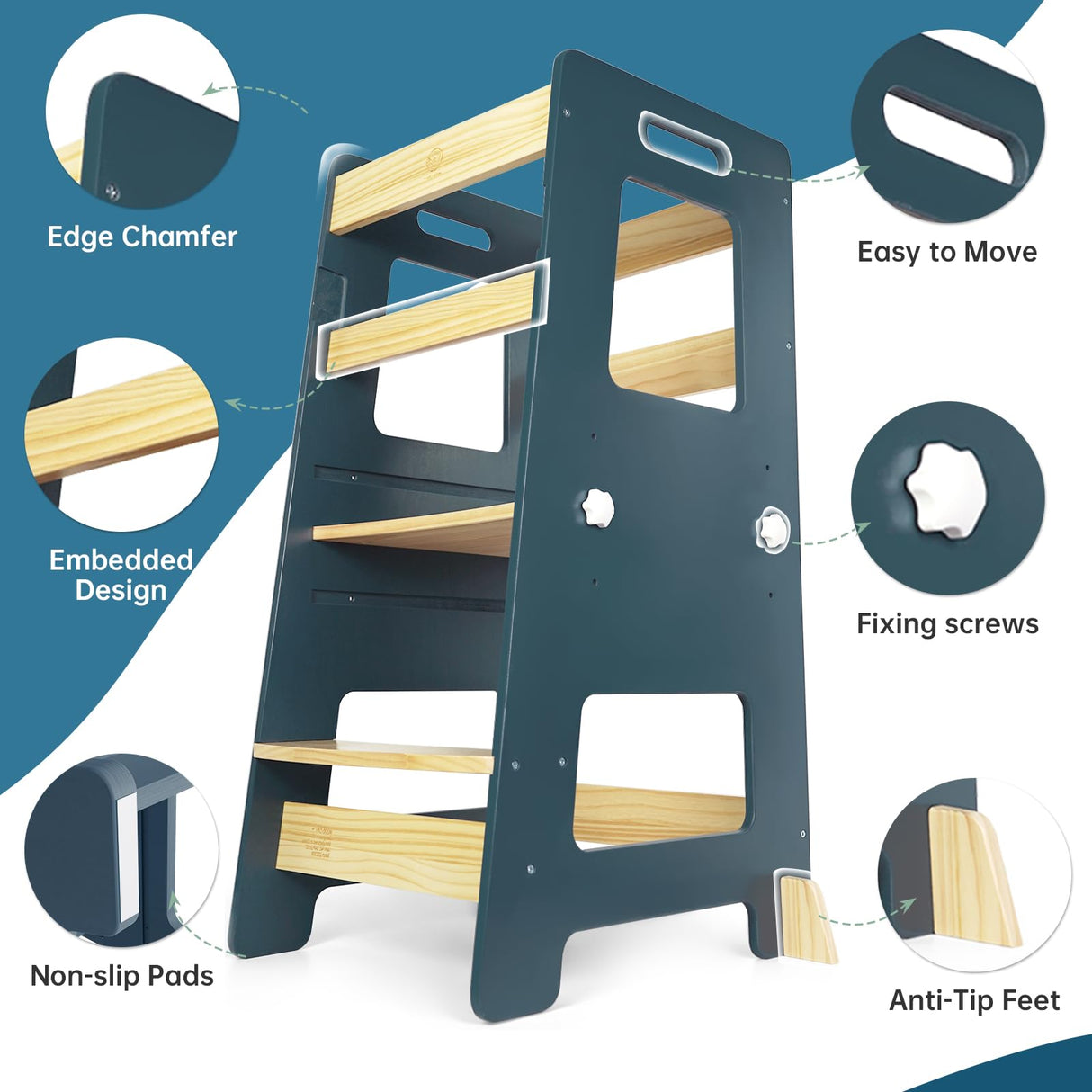 WOOD CITY Kitchen Step Stool - Safe Montessori Standing Tower for Kids with Safety Rail, Height Adjustable Toddler Ideal Helper for Learning New Skills, Anti-Slip Protection for Bathroom - Deep Blue WOOD CITY