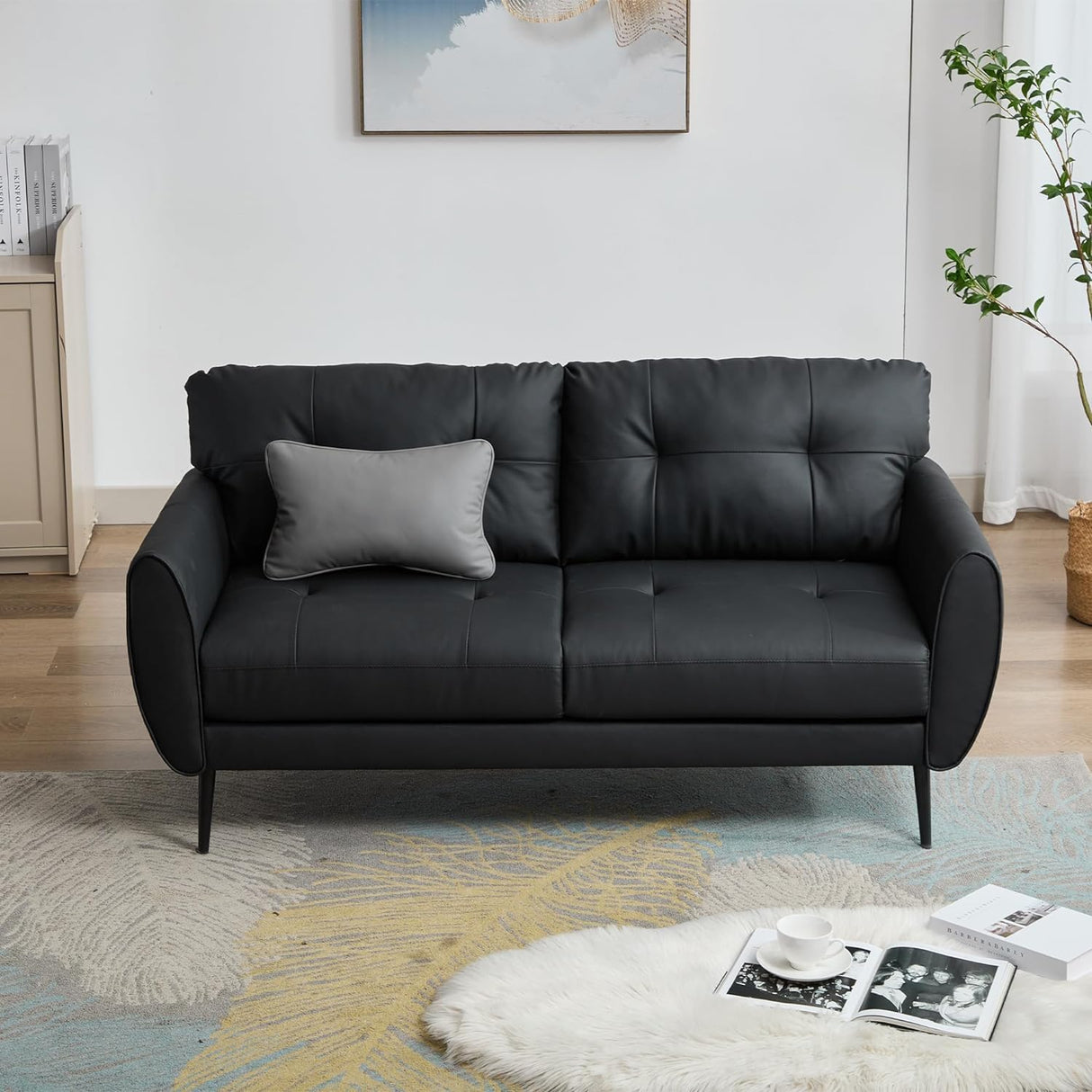 Sofa Couch 61" Small Loveseat Couches for Living Room, Black Faux Leather Couch Mid Century Modern Tufted Mini Sofa Comfy Office 2 Seat Settee Love Seat Small Couches for Small Spaces Bedroom TYBOATLE