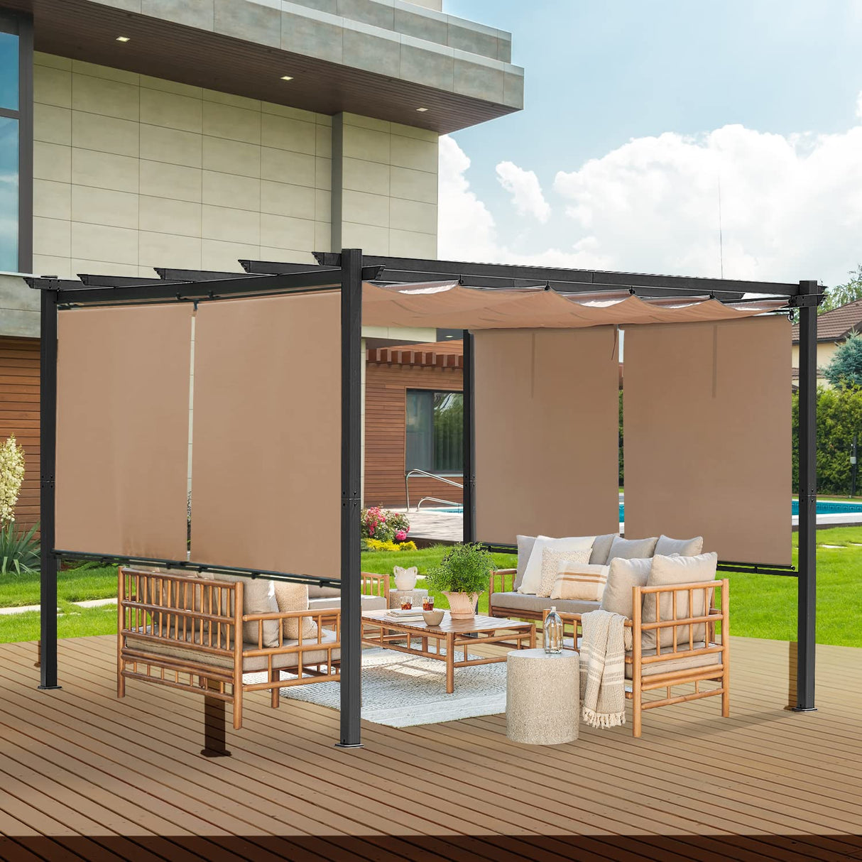 Aoodor 12 x 12 FT Outdoor Pergola with Retractable Canopy, Aluminum Frame, 2 Sides Patio Sun Shade Shelter for Backyard, Deck - Dark Brown Aoodor