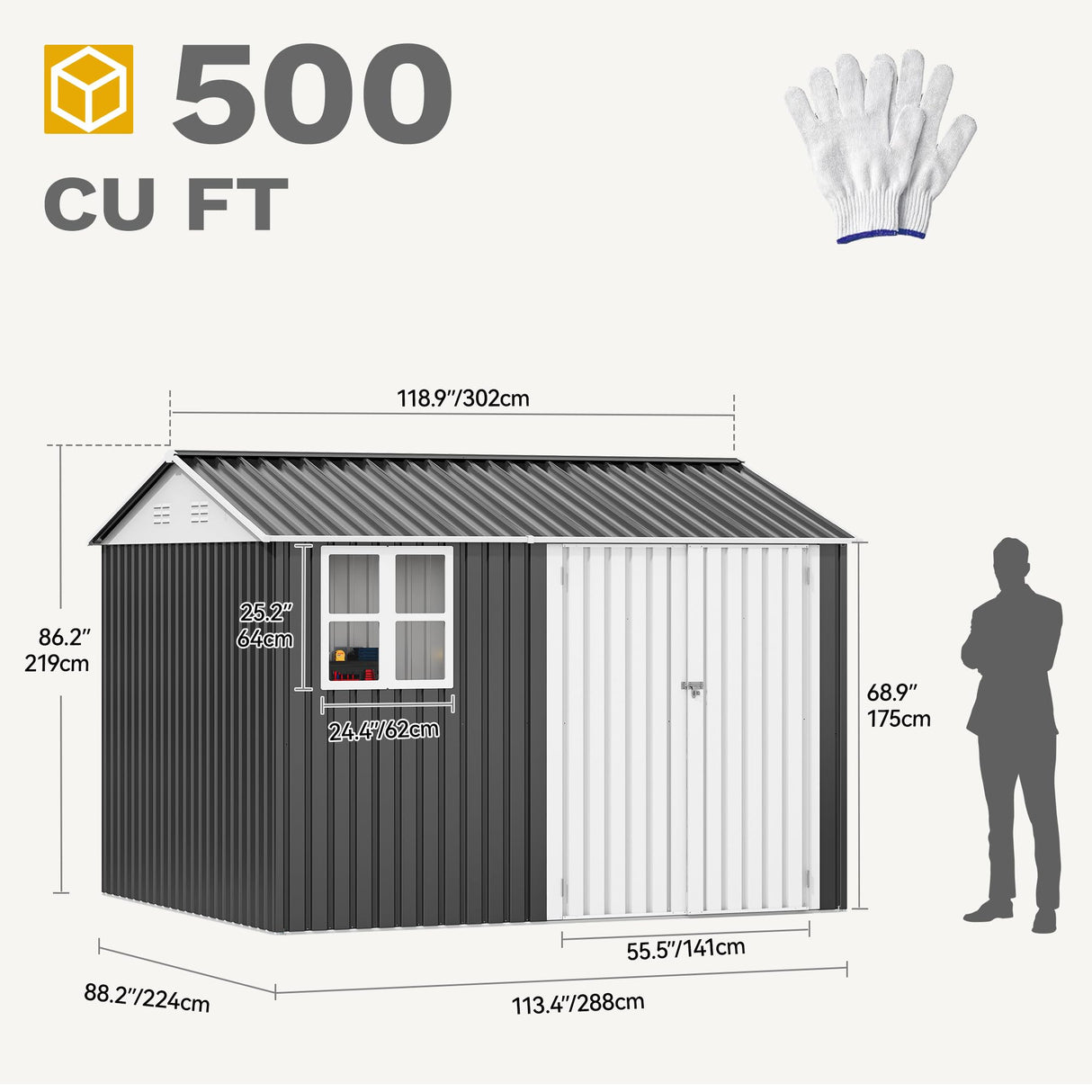DWVO 10x8ft Large Tool Storage Shed with Window, Lockable Doors, and Sloped Roof, Oversized Steel Outdoor Storage Shed for Garden, Patio, Garage, Backyard, Lawn - Gray & White DWVO