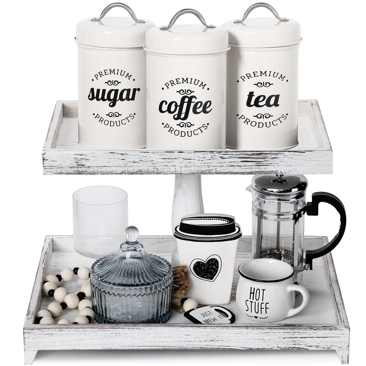 Farmhouse Tiered Tray Stand Wooden Rustic 2 Tier Tray Stand Rectangular Tray Serving Two Tiered Tray Stand for House Kitchen Cake (White) Yalikop